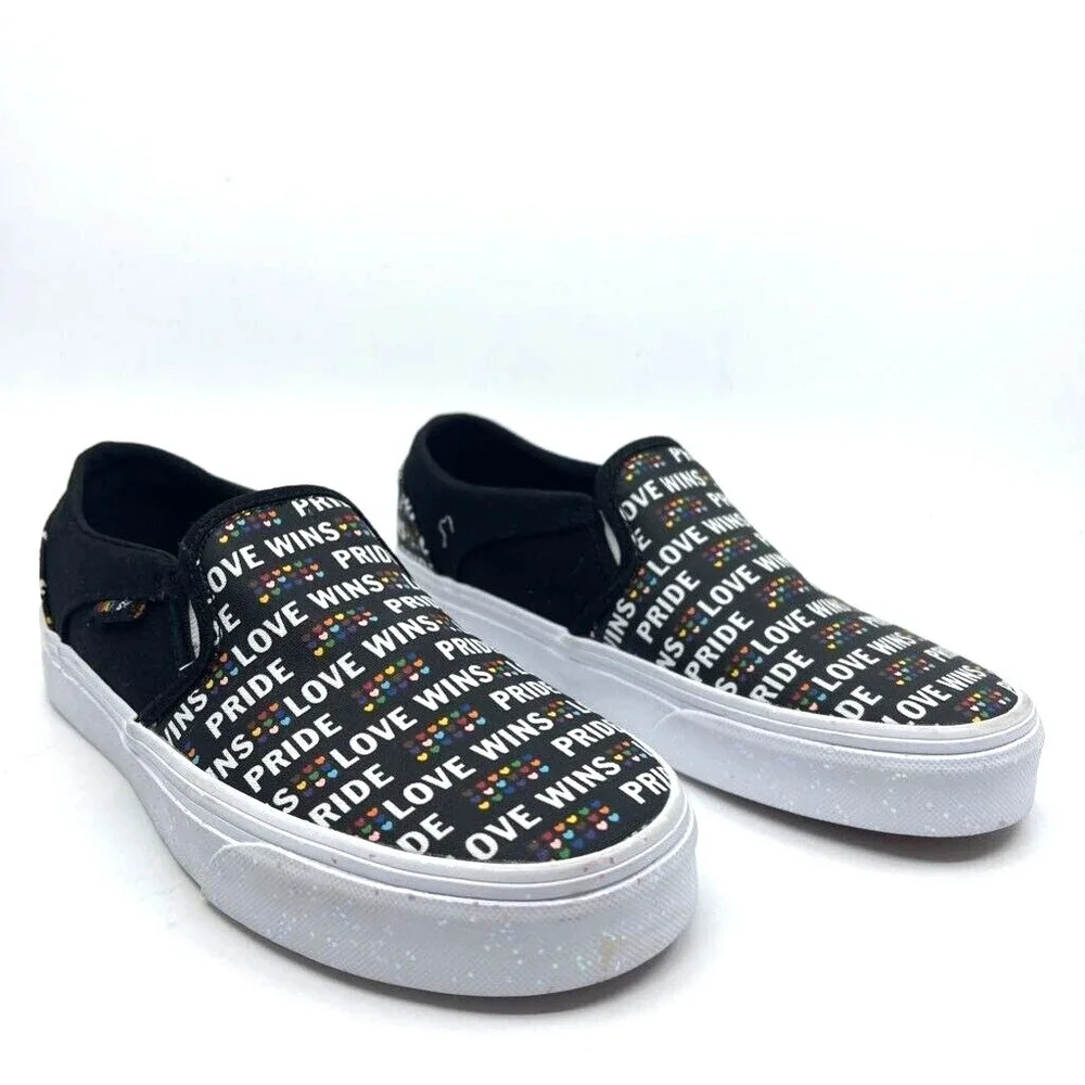 Vans Womens Asher Pride Slip On Shoes‎ Black Multicolor Love Wins Canvas 5 New